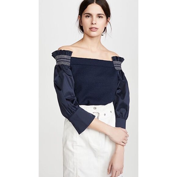 Adeam Womens Off Shoulder Smocking Sweater Navy Blue Cotton Size Extra Small - Picture 2 of 13